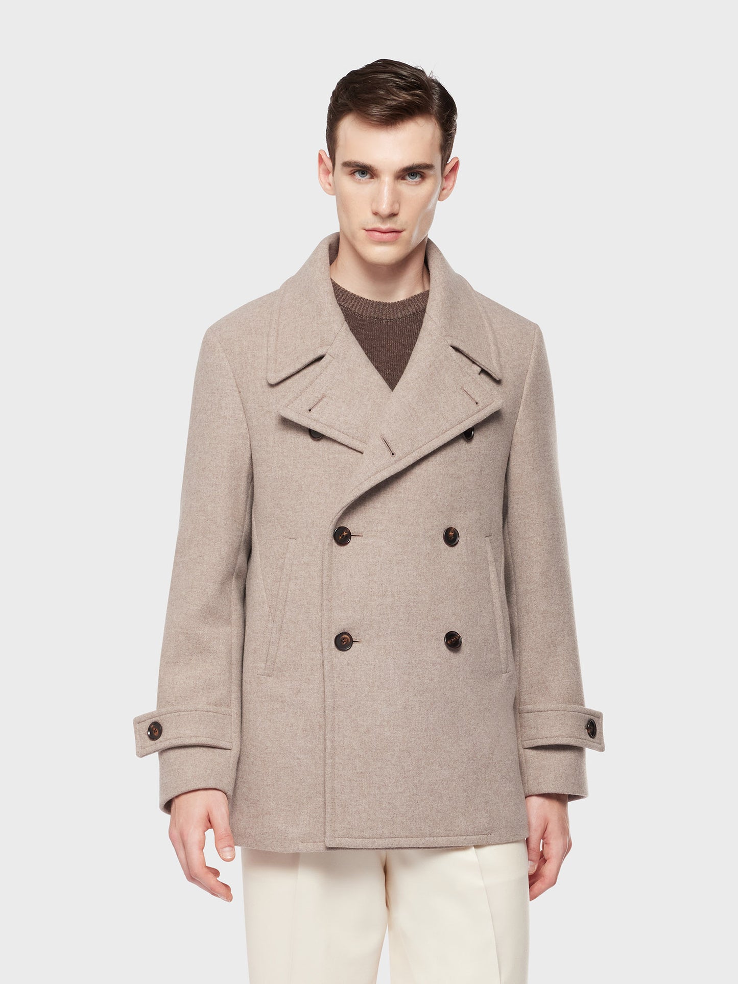 Caruso Menswear Abbigliamento Uomo Peacot in lana e cashmere double beige indossato