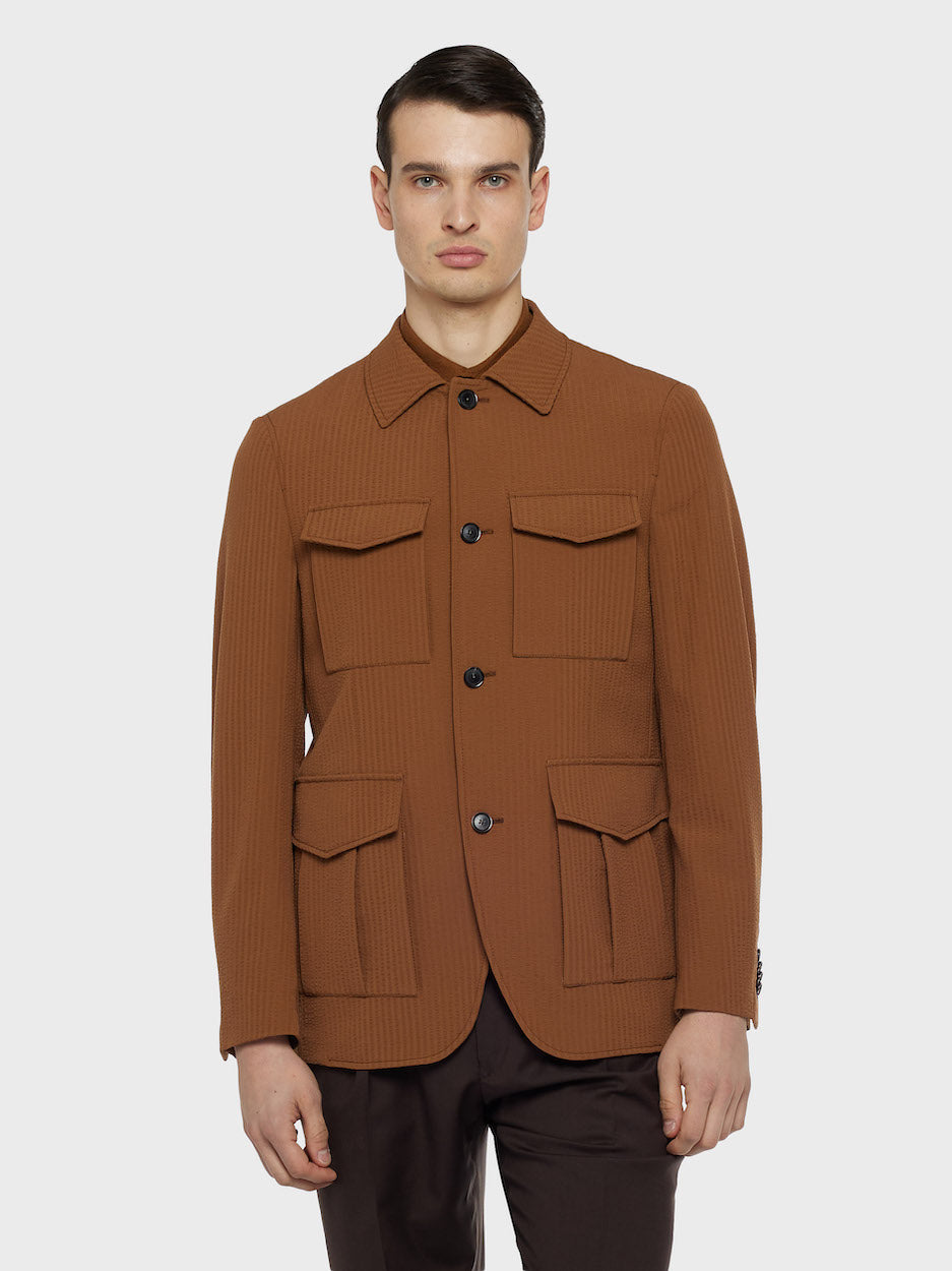Caruso Menswear Abbigliamento Uomo Giacche Giacca sahariana in seersucker di lana beige look 1