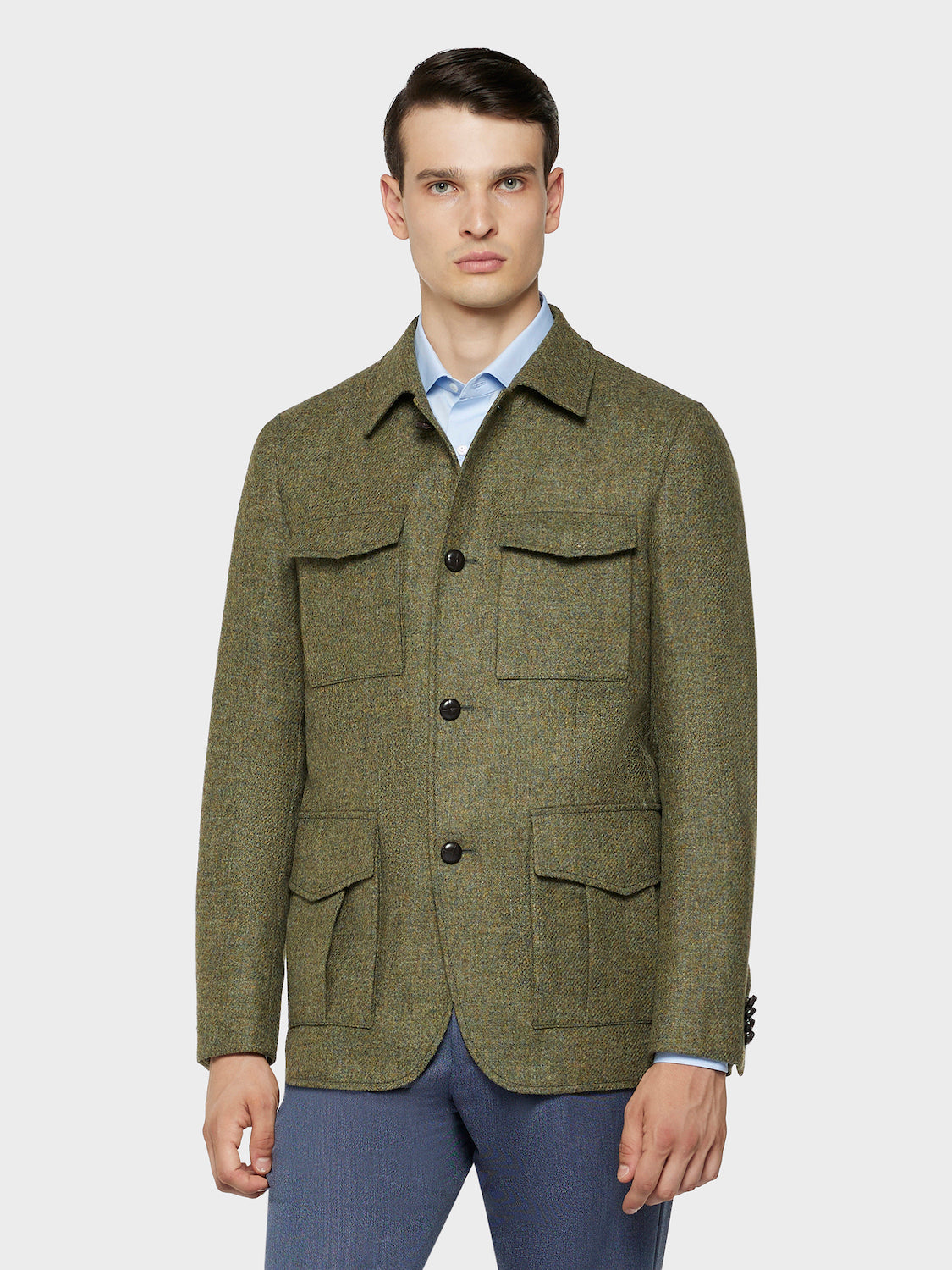 Caruso Menswear Abbigliamento Uomo Giacche Giacca sahariana in lana shetland verde look 1