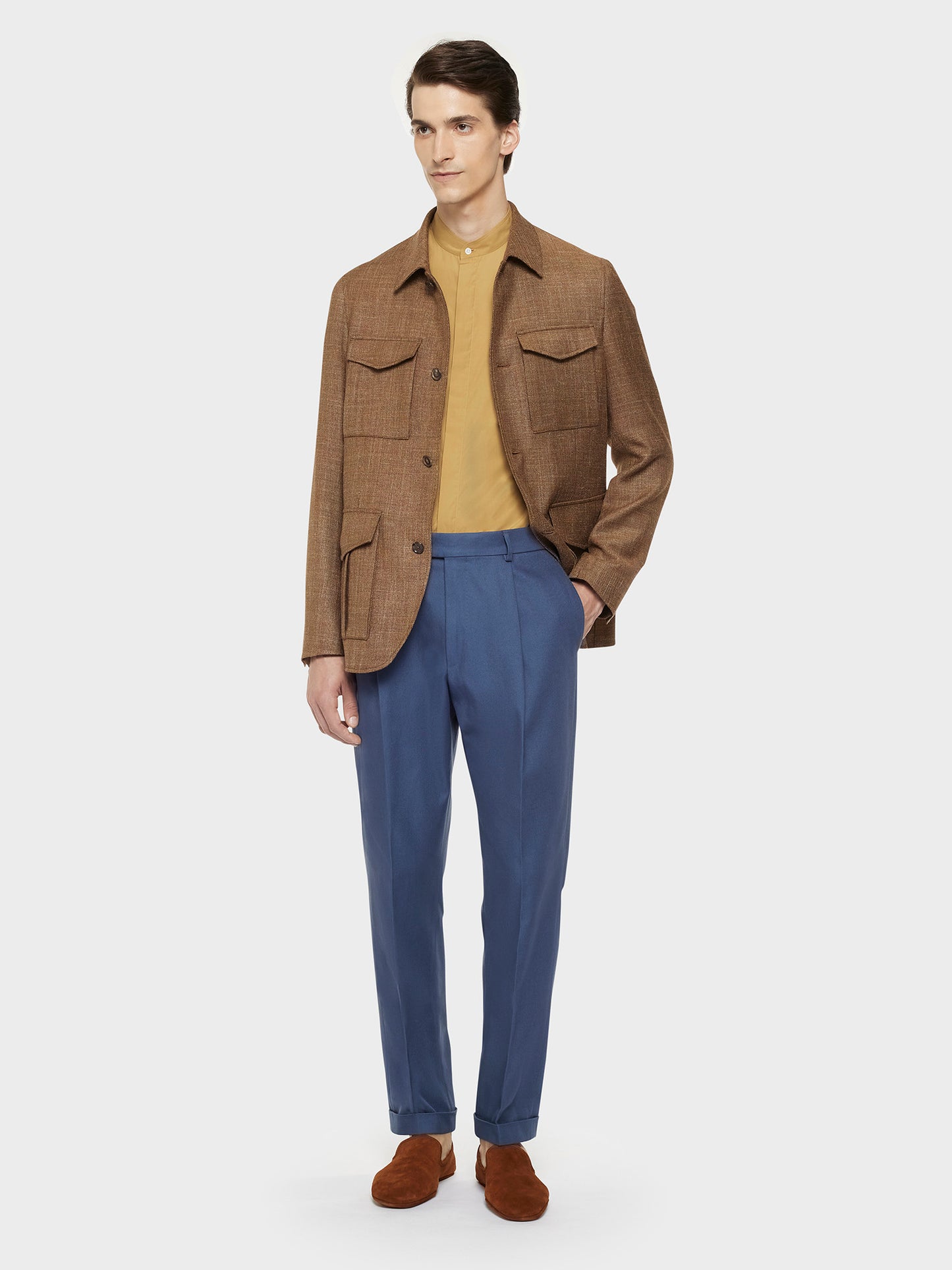 Caruso Menswear Abbigliamento Uomo Giacche Giacca sahariana in lana, seta e lino beige look 1