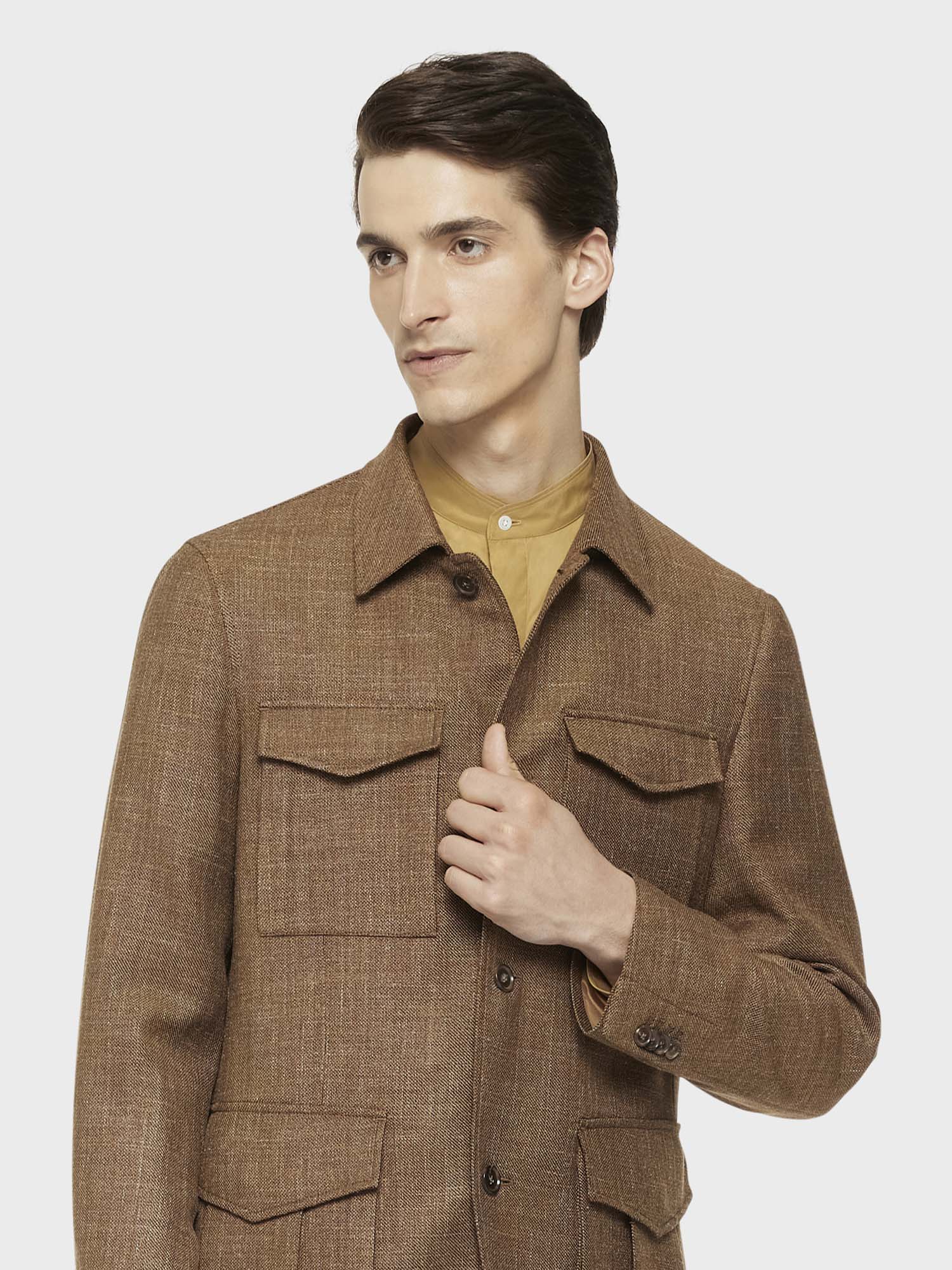 Caruso Menswear Abbigliamento Uomo Giacche Giacca sahariana in lana, seta e lino beige look 5
