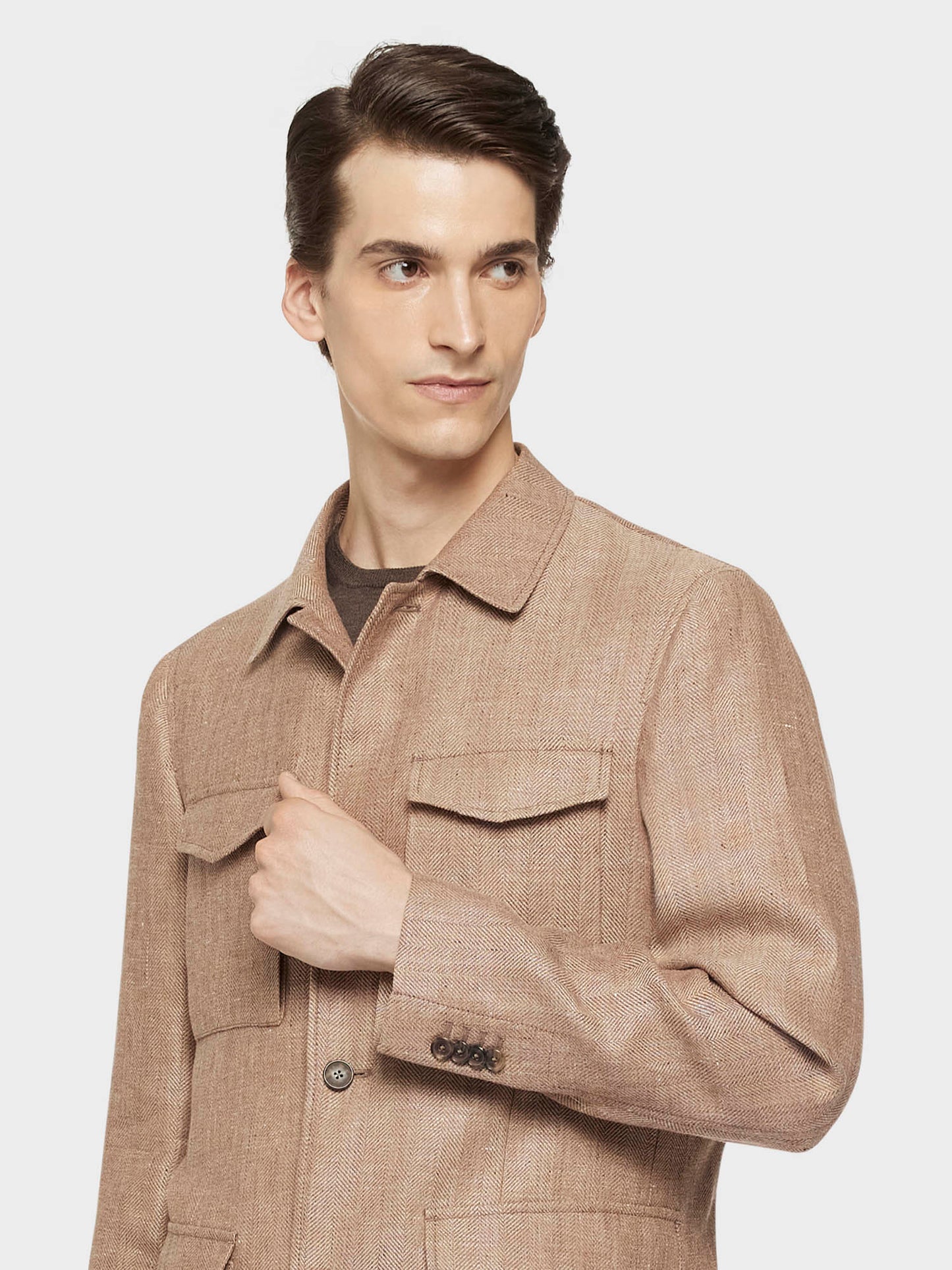 Caruso Menswear Abbigliamento Uomo Giacche Giacca sahariana in lino e lana beige look 5
