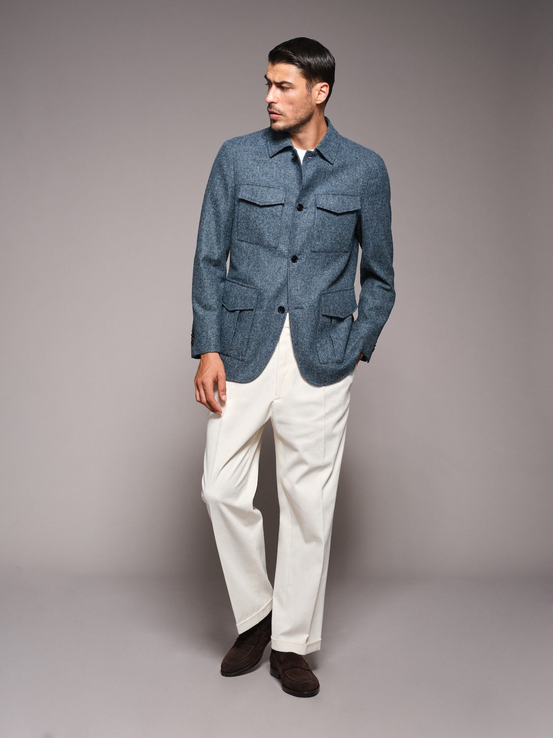 Saba safari jacket in blue alpaca, wool and silk 