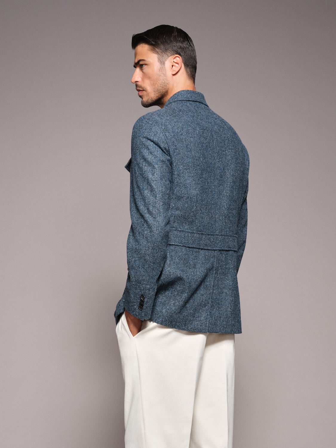 Saba safari jacket in blue alpaca, wool and silk 