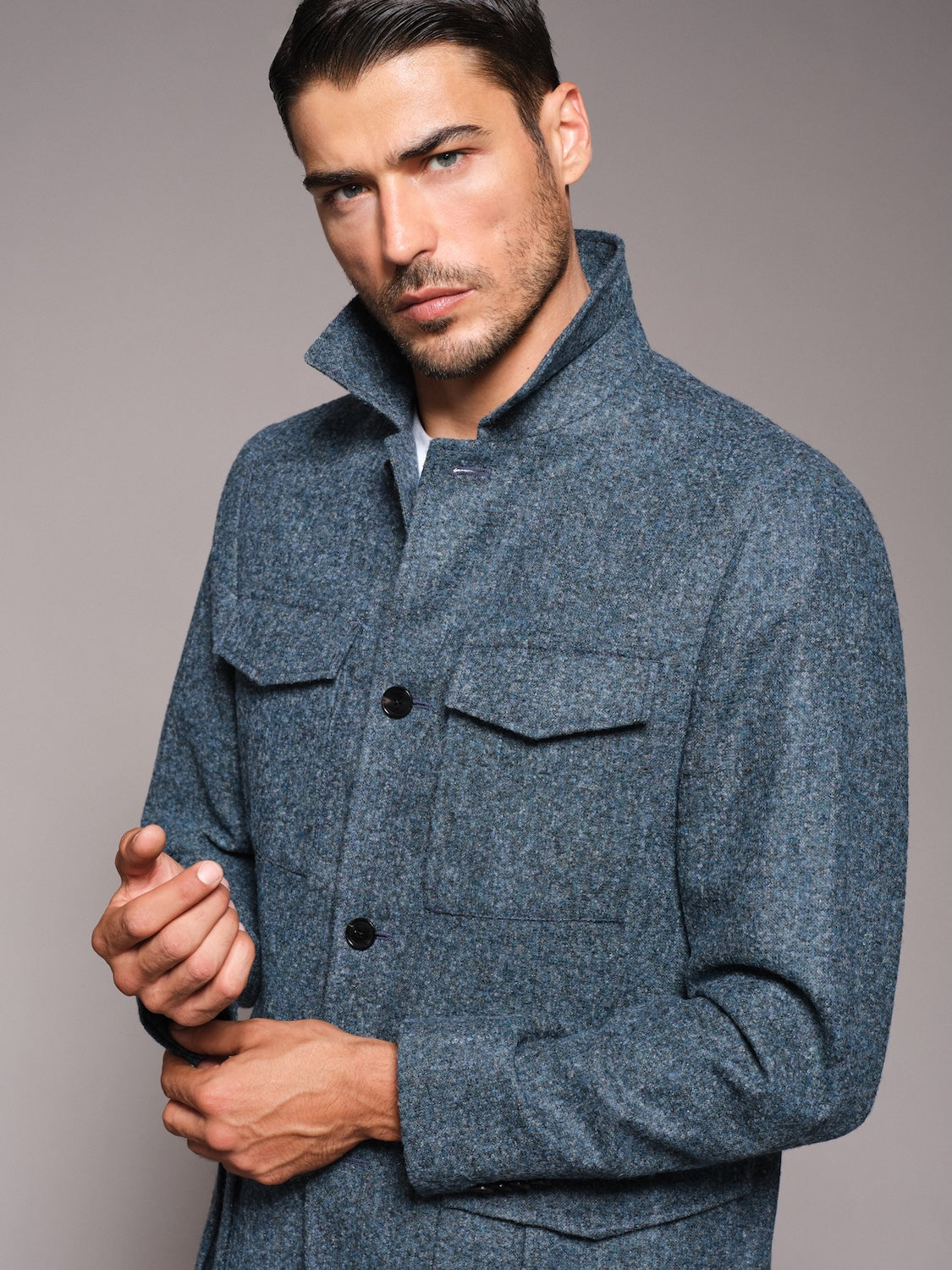 Saba safari jacket in blue alpaca, wool and silk 