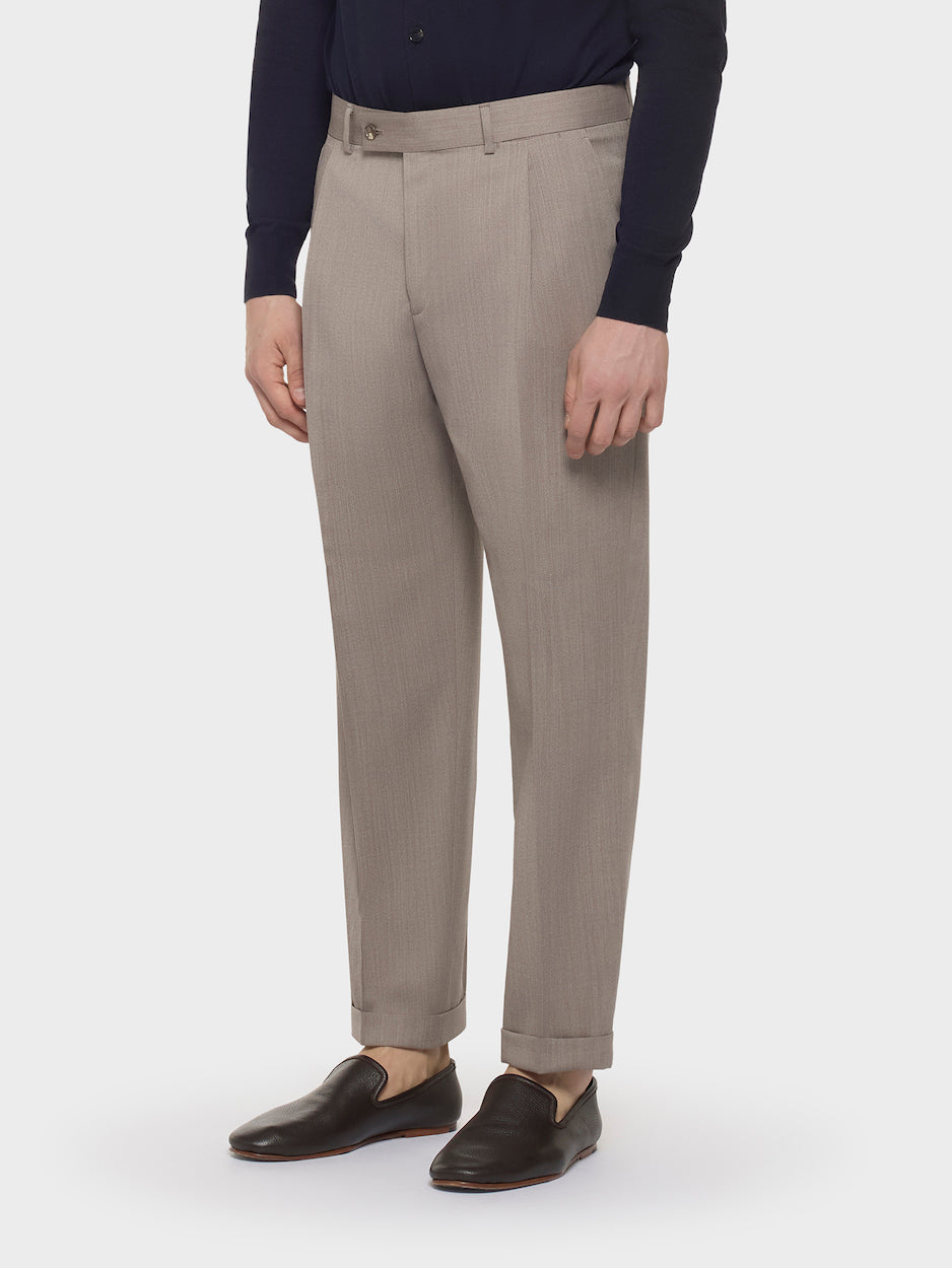 Caruso Menswear Abbigliamento Uomo Pantaloni Pantalone slim fit in flanella di lana beige look 3