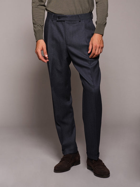 Comfort-fit trousers in blue denim-effect wool