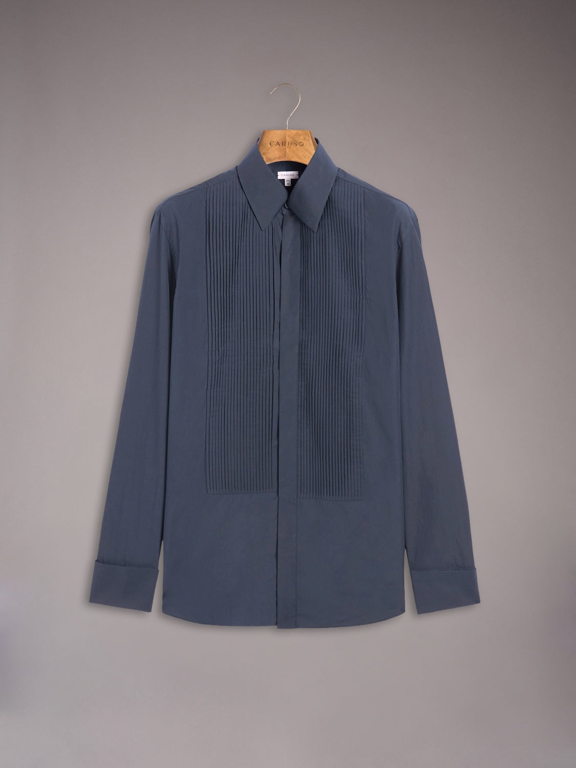 Slim evening shirt with pleated bib front in blue cotton