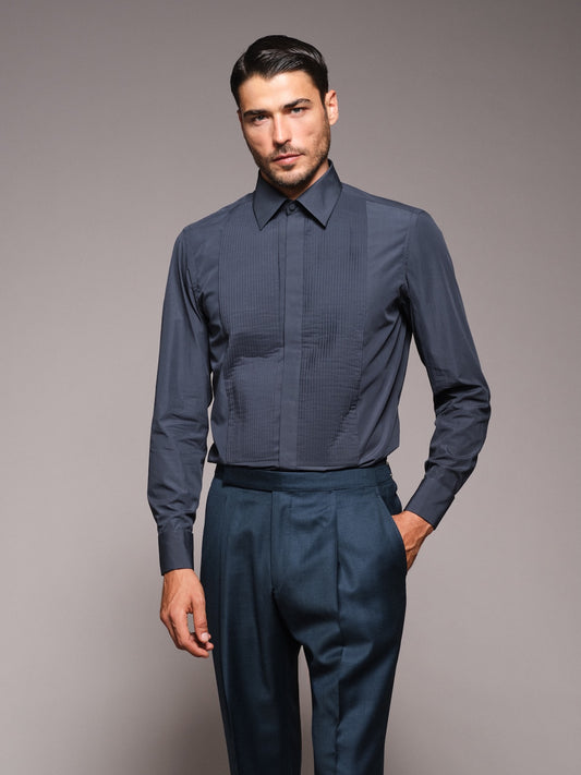 Slim evening shirt with pleated bib front in blue cotton