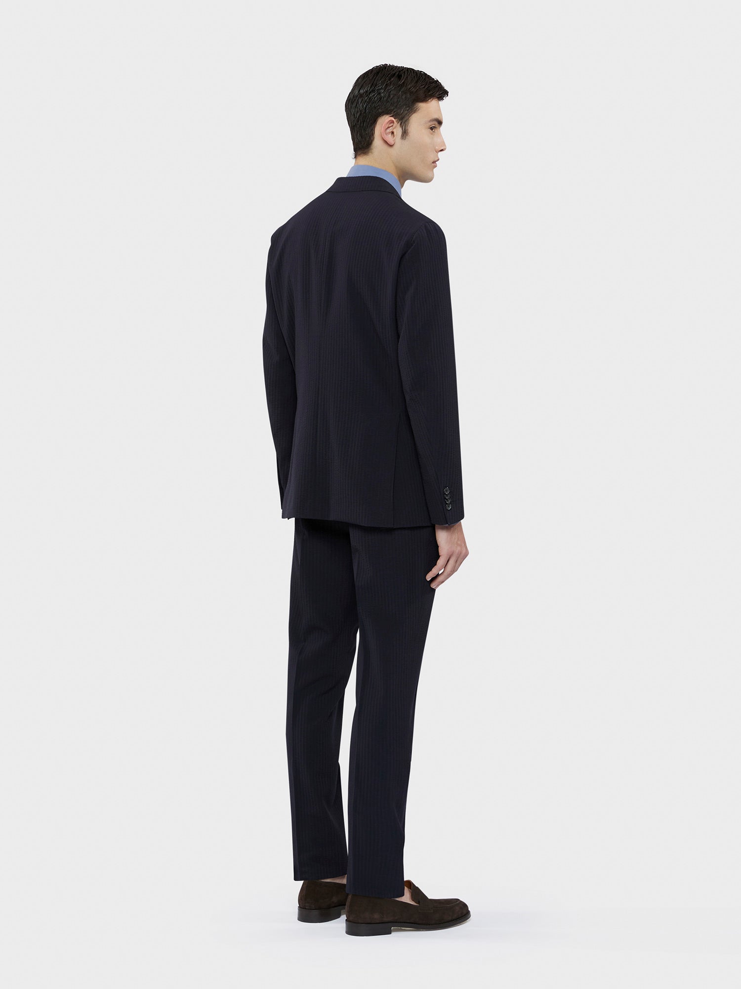 Caruso Menswear Abbigliamento Uomo Abito Aida in Seersucker di lana blu drop 8R indossato back
