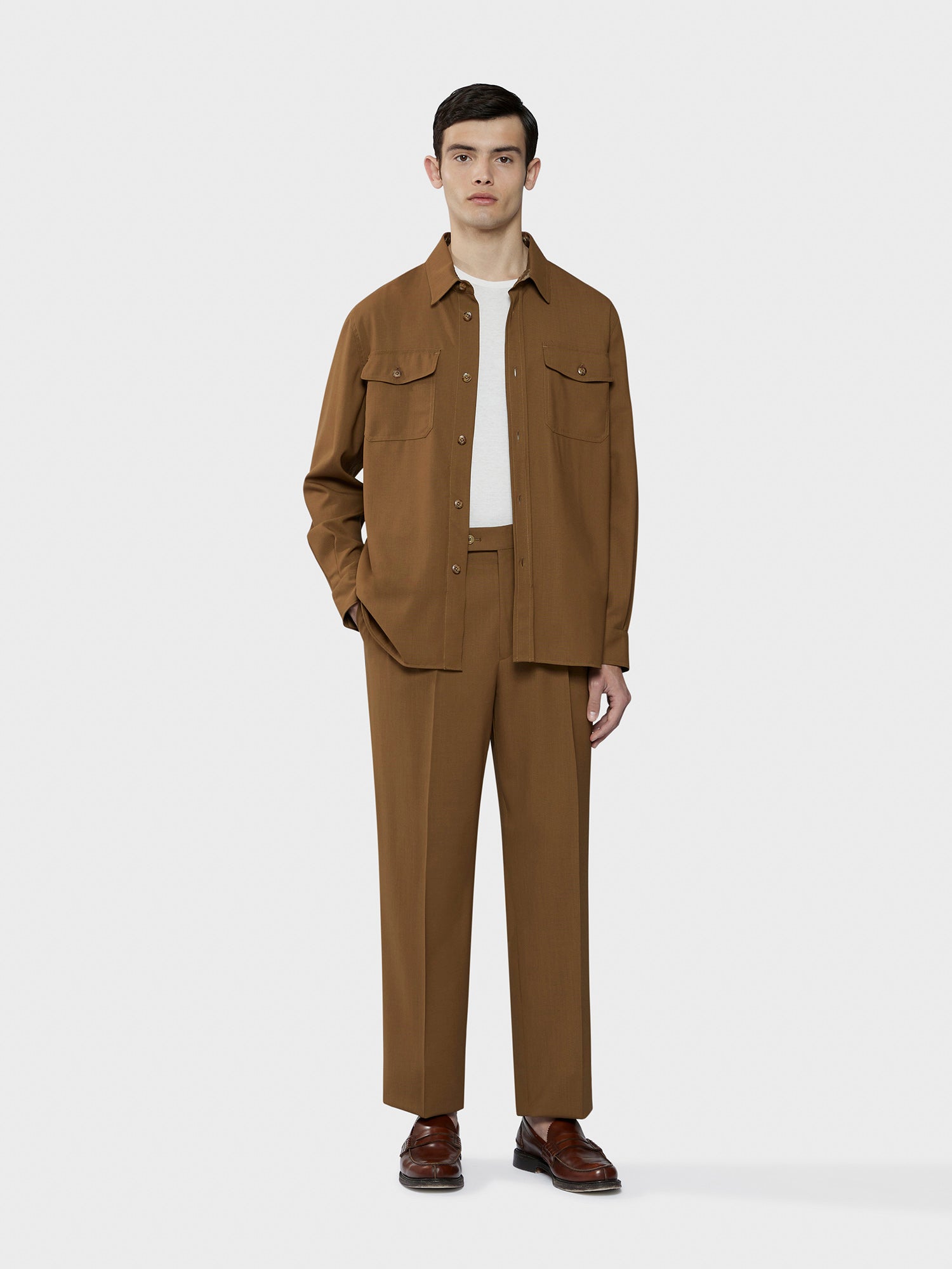 Caruso menswear Abbigliamento Uomo Overshirt estiva in lana Houdini marrone total look