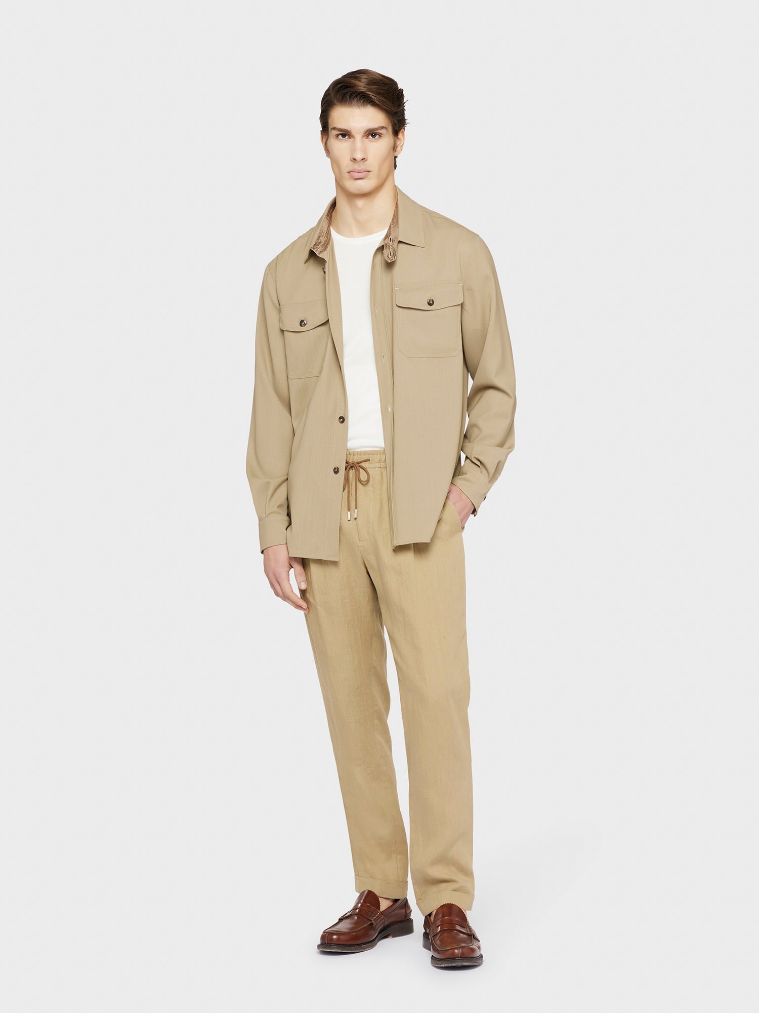 Caruso menswear Abbigliamento Uomo Overshirt estiva in tropical di lana color sabbia Houdini total look