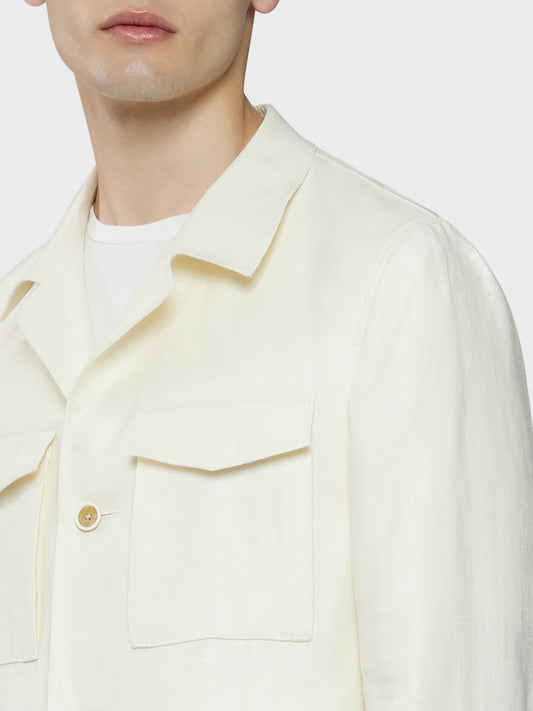 Caruso Menswear Abbigliamento Uomo Giacca Sahariana sfoderata estiva con quattro tasche a toppa in lino lana bianco drop 8R dettaglio