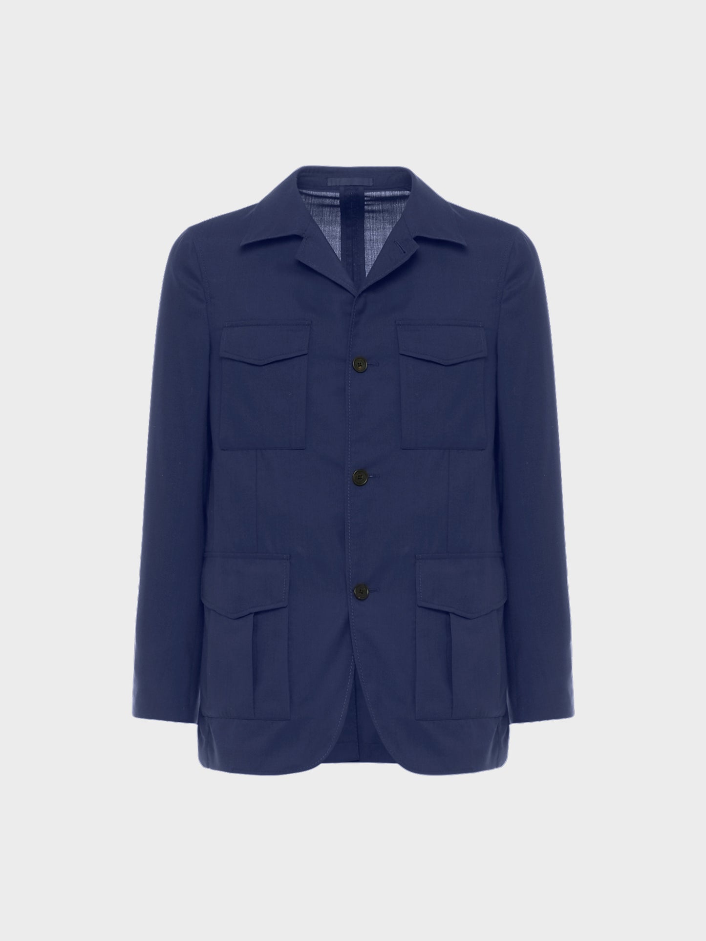 Caruso Menswear Abbigliamento Uomo Giacca Sahariana sfoderata estiva con quattro tasche a toppa di lana seta blu Nuage drop 8R still